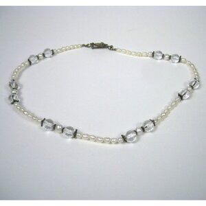 Vintage Pearl Clear Glass Faceted Bead Necklace Silver Tone 15 Inch Toggle Clasp